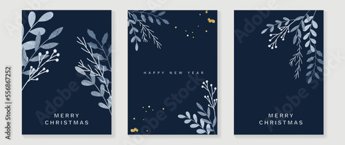 Set of christmas and happy new year holiday card vector. Decorative element of watercolor holly, mistletoe and pine leaf branch with gold droplet. Design illustration for cover, banner, card, poster.