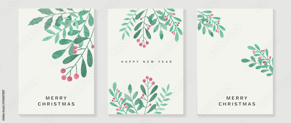 Set of christmas and happy new year holiday card vector. Decorative element of watercolor holly, mistletoe leaf branch. Design illustration for cover, banner, card, social media, advertising, website.