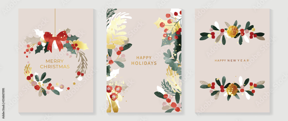 Set of christmas and happy new year holiday card vector. Elegant element of watercolor golden winter leaf wreath, pine leaves with bow ribbon. Design illustration for cover, banner, card, poster.
