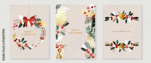 Set of christmas and happy new year holiday card vector. Elegant element of watercolor golden winter leaf wreath, pine leaves with bow ribbon. Design illustration for cover, banner, card, poster.