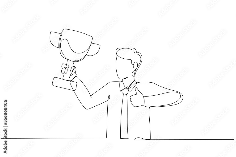 Cartoon of businessman champion get award prize celebrating archievement. One line art style