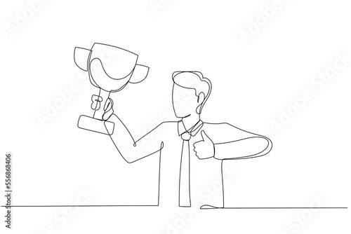 Cartoon of businessman champion get award prize celebrating archievement. One line art style