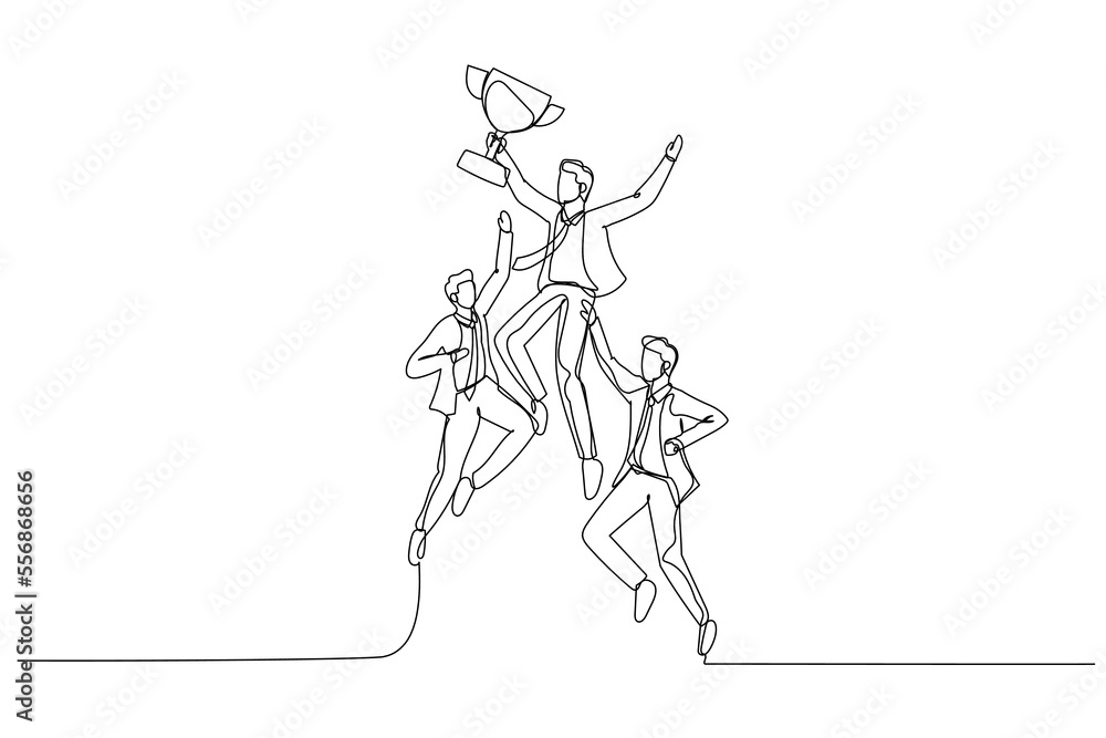 Illustration of businessman jumping holding trophy get reward and celebrate. Single continuous line art Illustration of businessman jumping holding trophy get reward and celebrate. Single continuous line art
