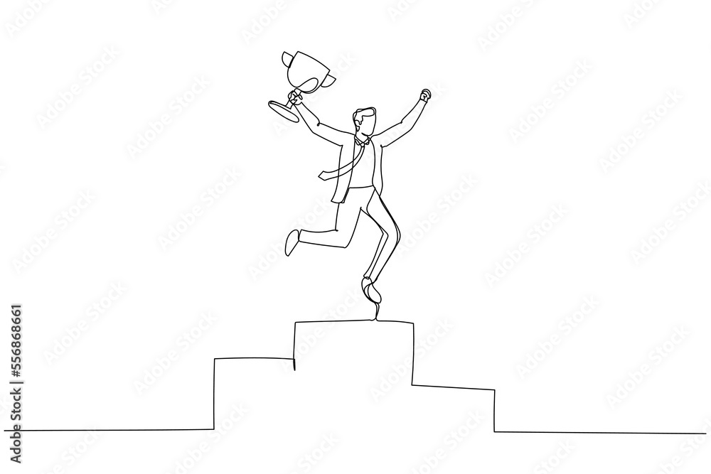Drawing of businessman receive trophy on podium happy first winner. Continuous line art style Drawing of businessman receive trophy on podium happy first winner. Continuous line art style