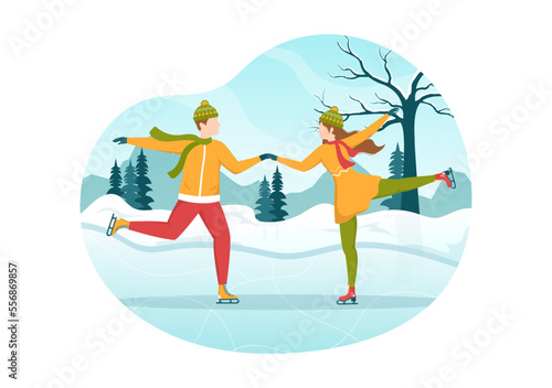 People Skating on Ice Rink Wearing Winter Clothes for Outdoor Activity or Sports Recreation in Flat Cartoon Hand Drawn Templates Illustration