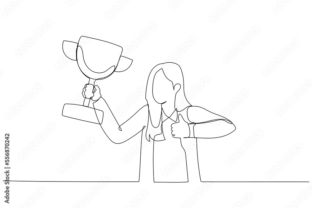 Drawing of businesswoman champion get award prize celebrating archievement. Single line art style Drawing of businesswoman champion get award prize celebrating archievement. Single line art style