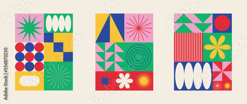 Set of geometric pattern element in mid-century style. Retro abstract collection of vibrant colorful geometric shape, starburst, spark. Modern trendy design for cover, business card, poster, wall art.