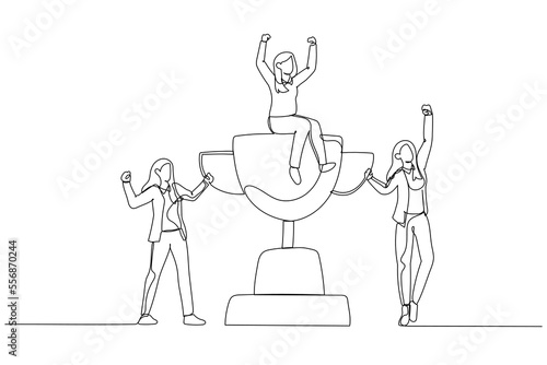 Illustration of businesswoman celebrating victory with team holding trophy. One continuous line art style