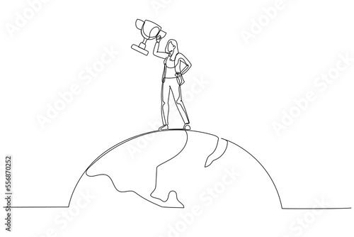 Cartoon of businesswoman superhero with award prize trophy winner international market. Single continuous line art style