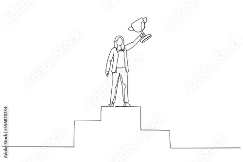 Illustration of first place winner businesswoman on pedestal rising hand with gold cup. One line art style