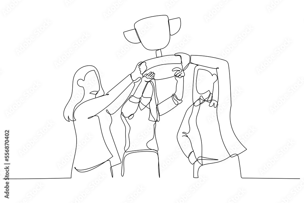 Drawing of businesswoman hold cup together success winning competition. Single continuous line art Drawing of businesswoman hold cup together success winning competition. Single continuous line art