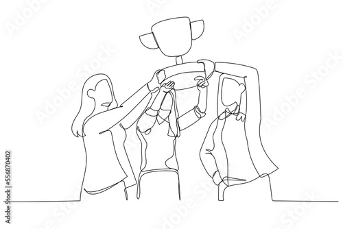 Drawing of businesswoman hold cup together success winning competition. Single continuous line art
