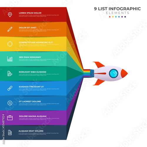 List diagram with 9 points of steps, sequence, colorful rocket launch startup, infographic element template vector.