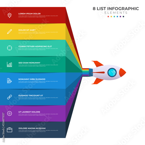 List diagram with 8 points of steps, sequence, colorful rocket launch startup, infographic element template vector.