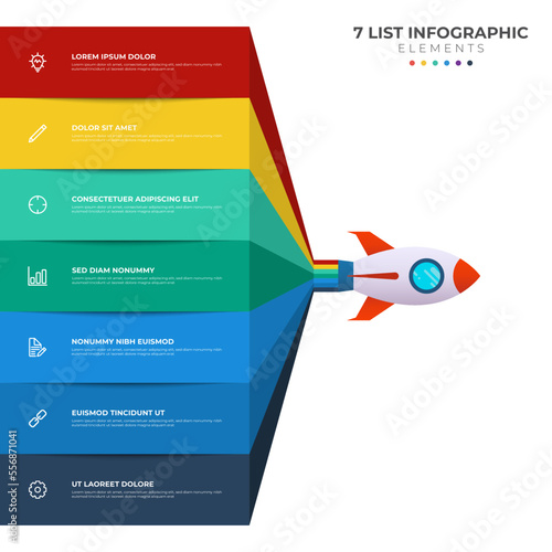 List diagram with 7 points of steps, sequence, colorful rocket launch startup, infographic element template vector.