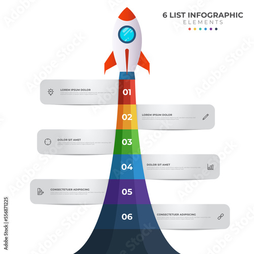 List diagram with 6 number points of step, sequence, colorful rocket launch startup, infographic element template vector.
