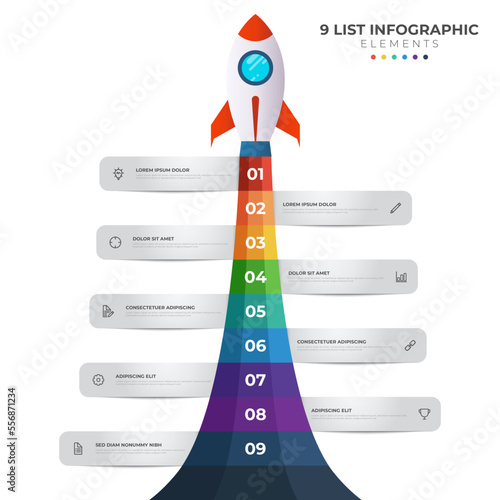 List diagram with 9 number points of step, sequence, colorful rocket launch startup, infographic element template vector.