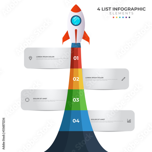 List diagram with 4 number points of step, sequence, colorful rocket launch startup, infographic element template vector.