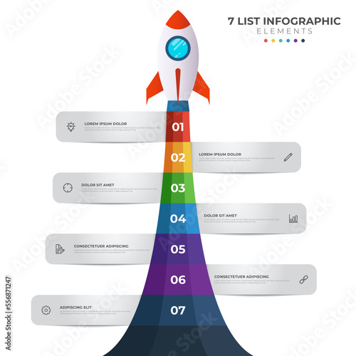 List diagram with 7 number points of step, sequence, colorful rocket launch startup, infographic element template vector.