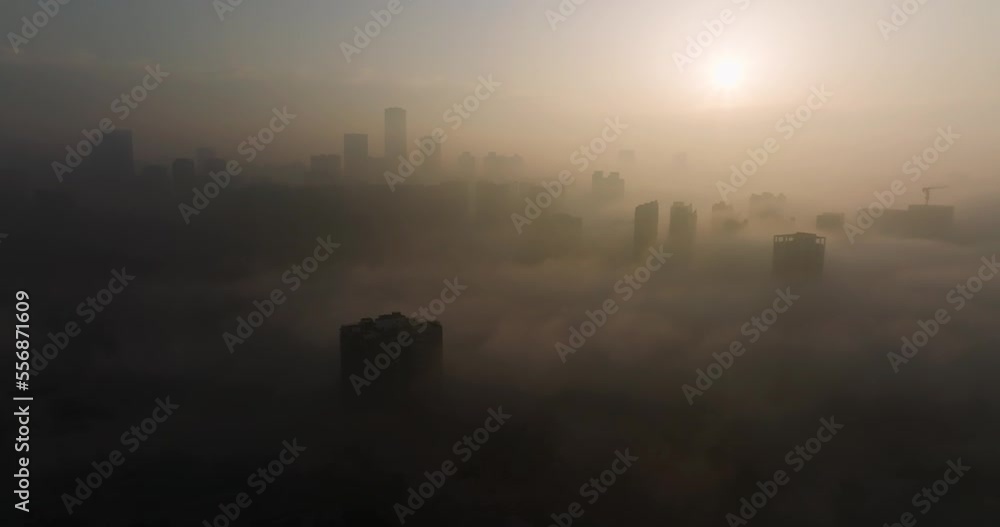 aerial city view Chengdu Urban landscape in the morning sunrise with mist Advection fog floating aerial city view Chengdu Urban landscape in the morning sunrise with mist Advection fog floating