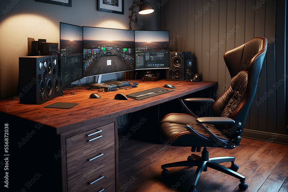 corner office desk setup with a long wooden desk and leather accents,  keyboard, mouse and monitor, hard wood floor, gaming chair. Generative AI  Stock Illustration