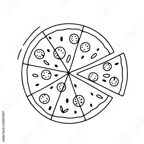 Pizza with slice cut out. Vector doodle outline illustration isolated on white