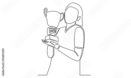 Continuous line of woman holding trophy