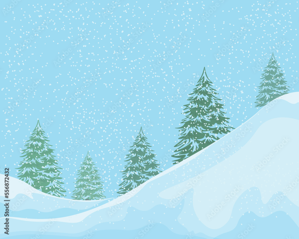 Winter landscape. Snow-covered winter forest. Christmas trees in the snow on the background of snowfall. Forest in the snow in cartoon style. Vector illustration
