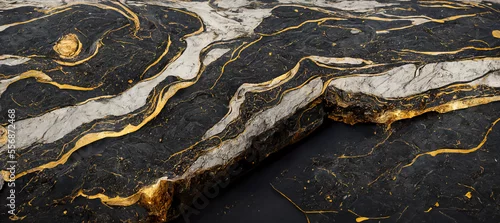 Panel kuchenny z motywem The texture of black and white marble with gold veins. Natural pattern. Abstract 3D illustration of marble surface for backgrounds, wallpapers, photo wallpapers, murals, posters.