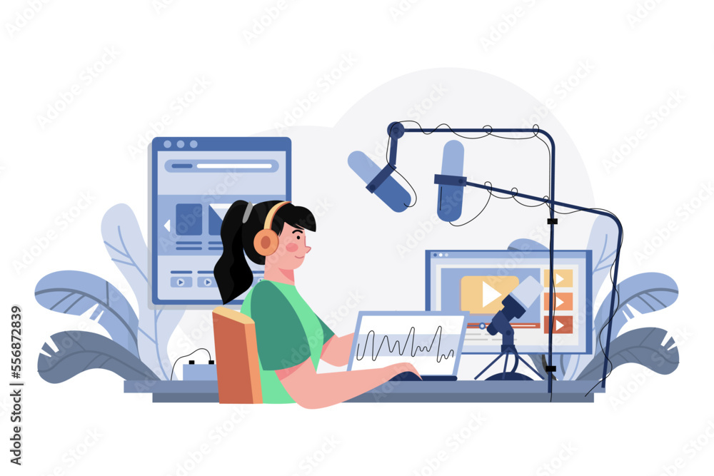 Woman Editing Podcast At The Studio