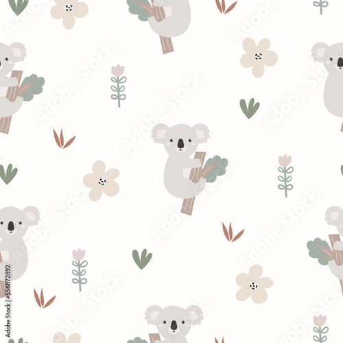 Cute koala seamless pattern. Funny baby print with animals. A hand drawn koala on a tree branch. Cartoon design for fabric, baby shower decoration, party. Nursery background.