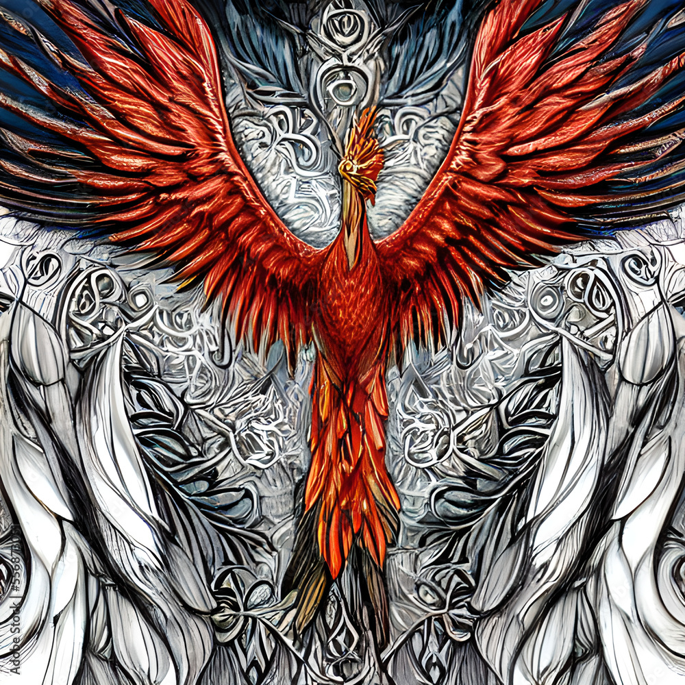 Obraz premium Mythological symbol of rebirth. Phoenix with burning wings and tail. Fantasy firebird. Generative AI