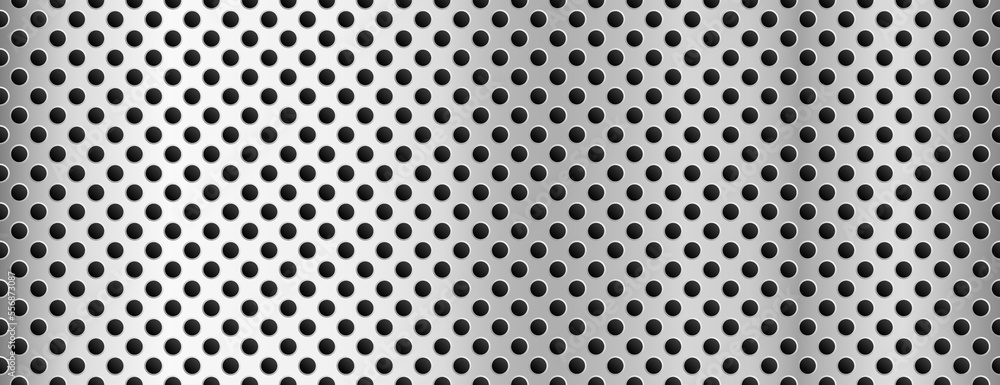 Vector perforated metal background. Realistic silver aluminium seamless pattern. Shiny iron dotted holes backdrop. 3d shape titanium sheet. Dot grill plate structure. Steel speaker grid construction Vector perforated metal background. Realistic silver aluminium seamless pattern. Shiny iron dotted holes backdrop. 3d shape titanium sheet. Dot grill plate structure. Steel speaker grid construction