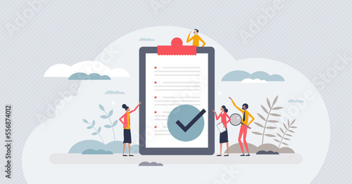 Compliance as company rules or legal regulation document tiny person concept. Administration policy with standards control and regulation for work vector illustration. Effective governance guidelines. photo