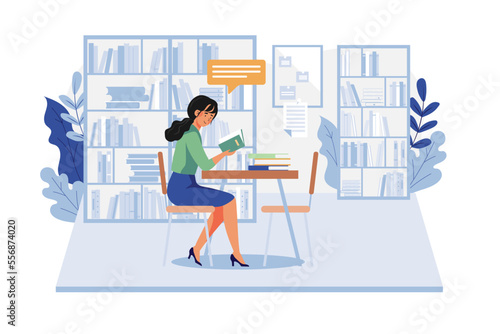 Girl Reading A Book In The Library