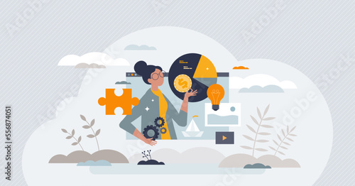 Digital business woman with female online presentations tiny person concept. Business specialist with corporate style work vector illustration. Competent data demonstration using distant video call.