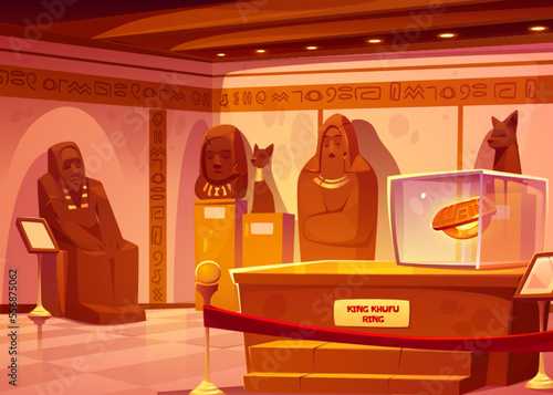 Egypt culture museum with pharaoh and god statues, gold King Khufu ring in showcase and hieroglyphs on walls. Gallery interior with ancient historical Egyptian exhibits, vector cartoon illustration