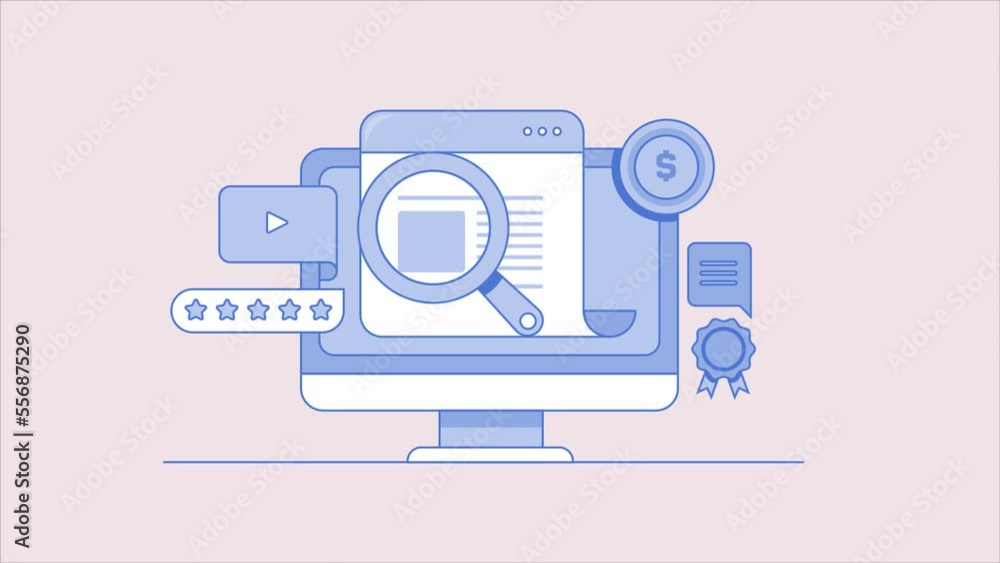Using content research tool for social media video creation, high quality web document on computer screen with magnifier, filled outline animation concept. Using content research tool for social media video creation, high quality web document on computer screen with magnifier, filled outline animation concept.
