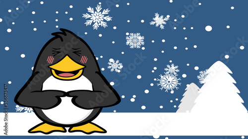 xmas ashamed penguin character cartoon christmas background postal illustration in vector format