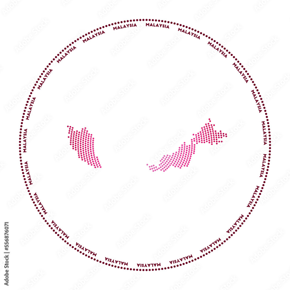 Malaysia round logo. Digital style shape of Malaysia in dotted circle with country name. Tech icon of the country with gradiented dots. Astonishing vector illustration. Malaysia round logo. Digital style shape of Malaysia in dotted circle with country name. Tech icon of the country with gradiented dots. Astonishing vector illustration.