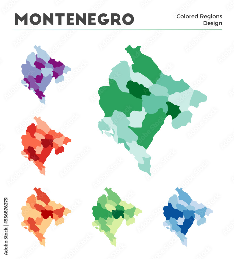 Montenegro map collection. Borders of Montenegro for your infographic. Colored country regions. Vector illustration.
