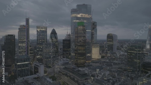Amazing dusk panning shots of the Gherkin and surrounding buildings with the Canary Wharf peaking in the background. Shot with the Mavic 3 Cine Prores 422HQ 4k. photo