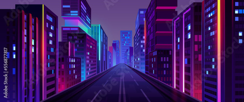 City street with houses and buildings with glowing windows at night. Cityscape with empty road, houses and skyscrapers with neon color ligth, isolated skyline on background vector cartoon illustration