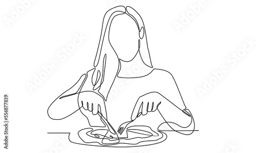 Continuous line of woman eating pizza