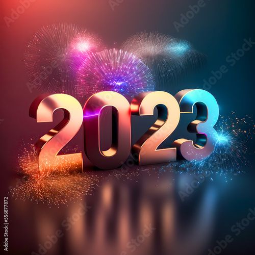 Happy New Year 2023. Greeting card with colorful fireworks and Sparkling burning Number 2023. Beautiful holiday. 3d rendering