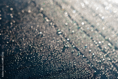 Condensation or rain drops on the car rear window in winter on a sunny morning