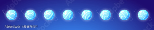 Set of planet rotation isolated on background. Cartoon illustration of neon blue space object with abstract ornament encircled by ring. View from different sides in motion. Fantasy vector design