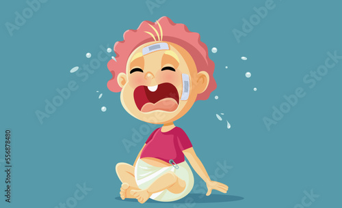 Baby Suffering Head Injury Wearing a Medical Adhesive Vector Cartoon. Crying child feeling hurt and in pain after careless accident

