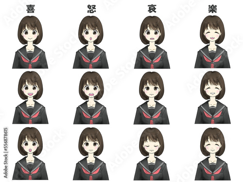 女子セーラー冬服　喜怒哀楽の表情差分イラストセット