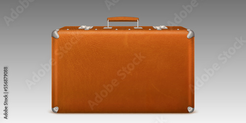 Vintage suitcase, briefcase for luggage in travel and trip. Closed retro valise from brown leather with handle and locks isolated on background, vector realistic illustration side view